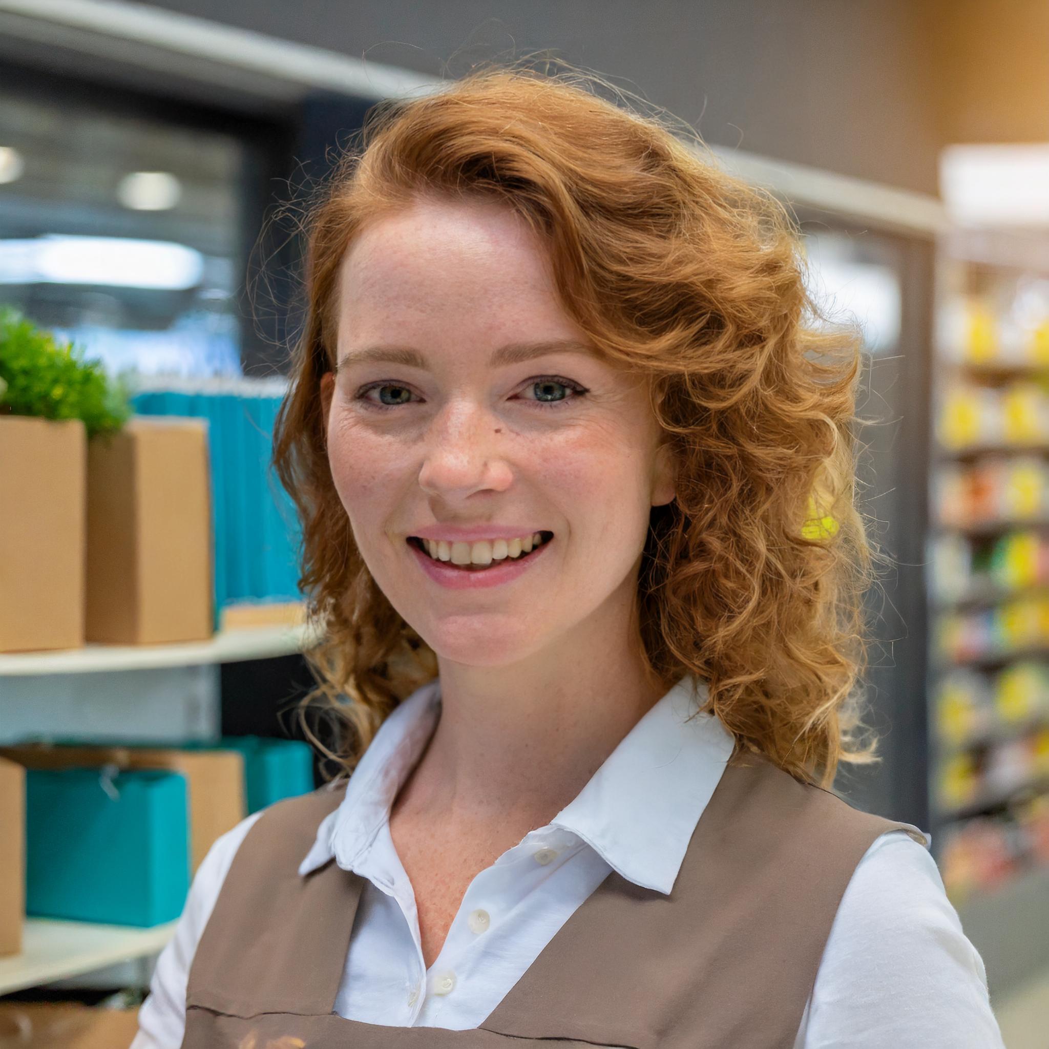 Lächelnde Frau mit braunen Haaren im Büro